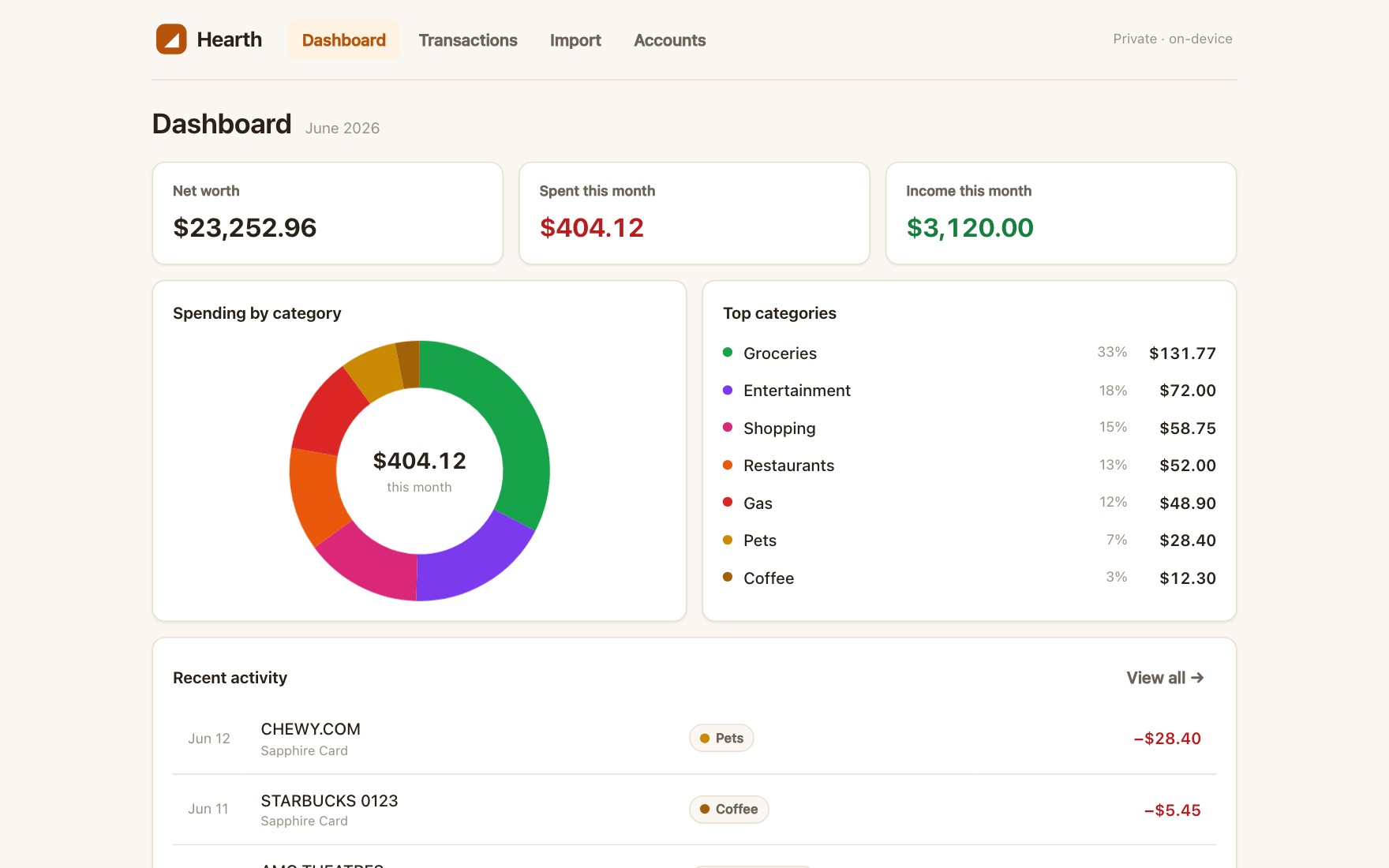 Hearth — personal-finance dashboard with net worth, a spending donut, and category breakdown