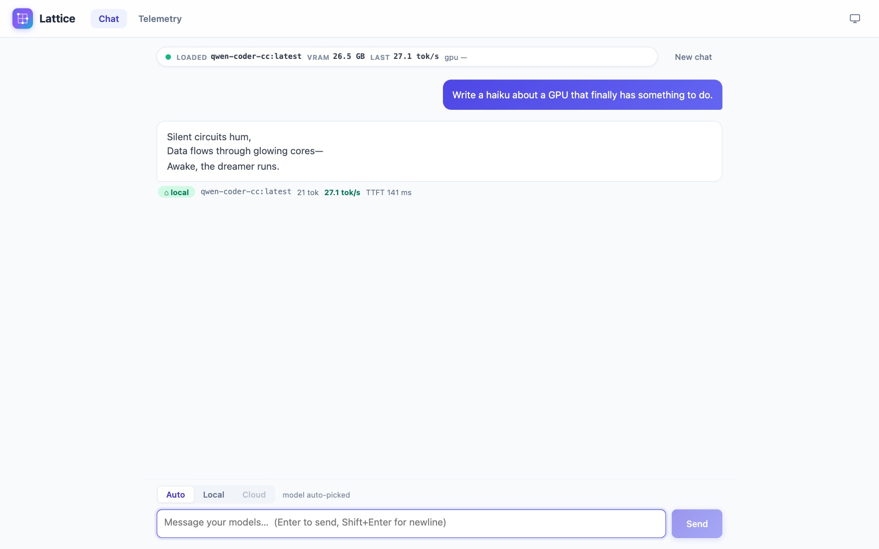 Lattice — local-first AI control plane routing a chat to the local model with live tokens-per-second and VRAM telemetry