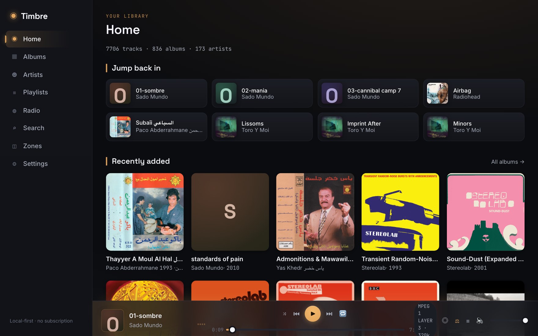 Timbre — self-hosted music player showing a metadata-rich library of albums with cover art and a now-playing bar
